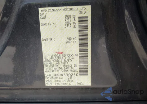 2015 Nissan Altima 2.5/2.5 S/2.5 Sl/2.5 Sv z USA, uszkodzony, nr VIN 1N4AL3AP7FN330230